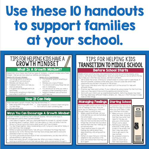 Handouts for supporting families at school with tips on growth mindset, transitioning to middle school, and managing feelings.