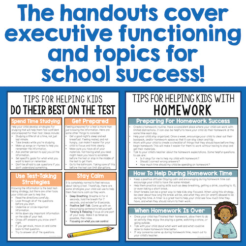 Handouts on executive functioning and school success topics with text and illustrations.