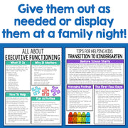Educational posters on executive functioning and kindergarten transition tips with colorful text and graphics.