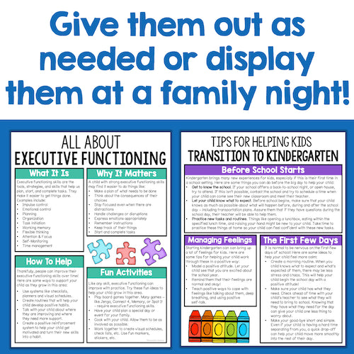 Educational posters on executive functioning and kindergarten transition tips with colorful text and graphics.
