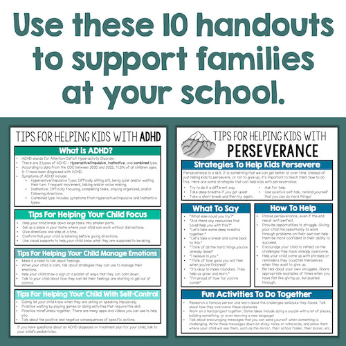 Handouts for supporting families with ADHD at schools on a white background