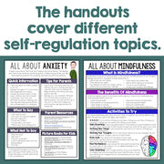 Handouts on self-regulation topics like anxiety and mindfulness on a white background.
