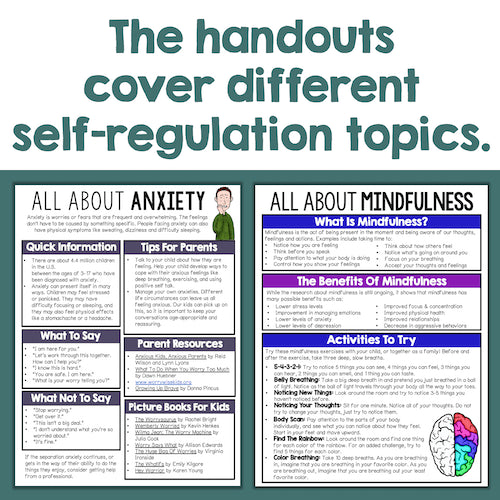 Handouts on self-regulation topics like anxiety and mindfulness on a white background.