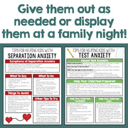 Brochure with tips for helping kids with separation and test anxiety, displayed on a white background.