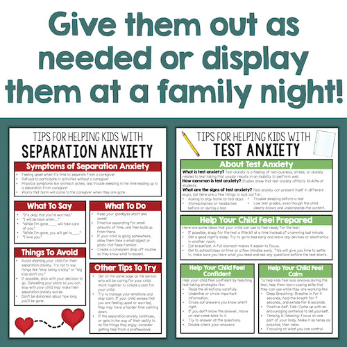 Brochure with tips for helping kids with separation and test anxiety, displayed on a white background.