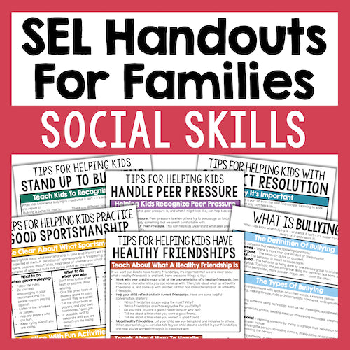 Collection of SEL handouts for families on a red background