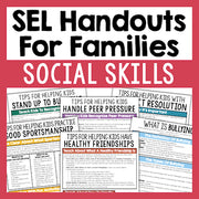 Collection of SEL handouts for families on a red background