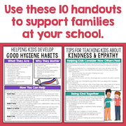 Handouts for supporting families at school with hygiene and kindness education.