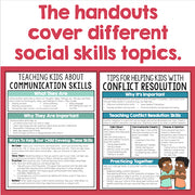 Educational handout cover with text on social skills topics on a white background