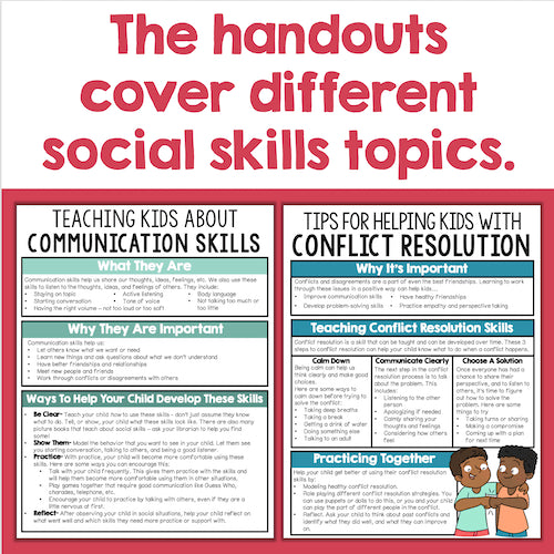 Educational handout cover with text on social skills topics on a white background
