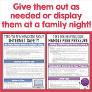 Educational posters on internet safety and peer pressure with text and graphics.