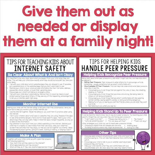 Educational posters on internet safety and peer pressure with text and graphics.