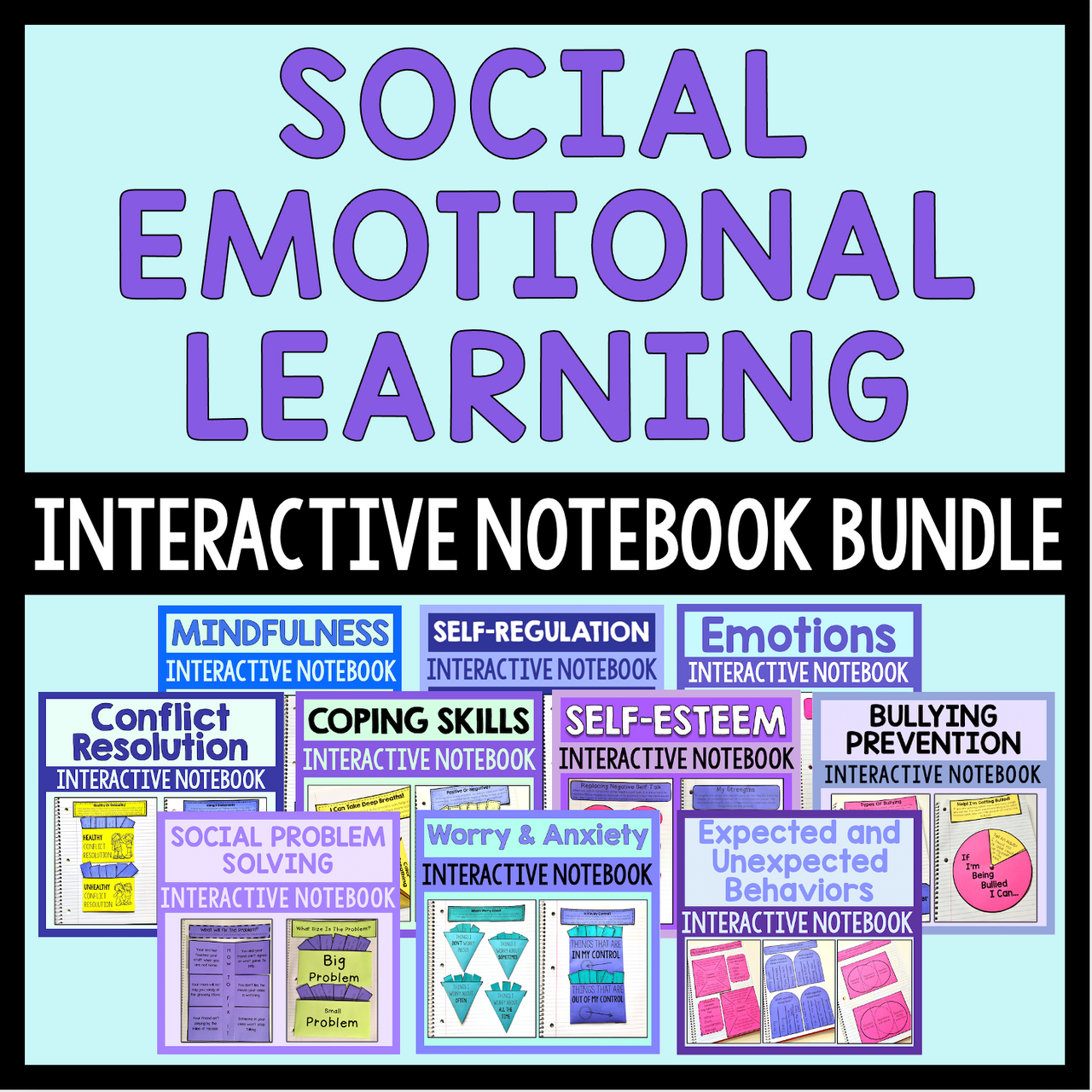 Cover of a Social Emotional Learning Interactive Notebook Bundle with various modules on a light blue background.