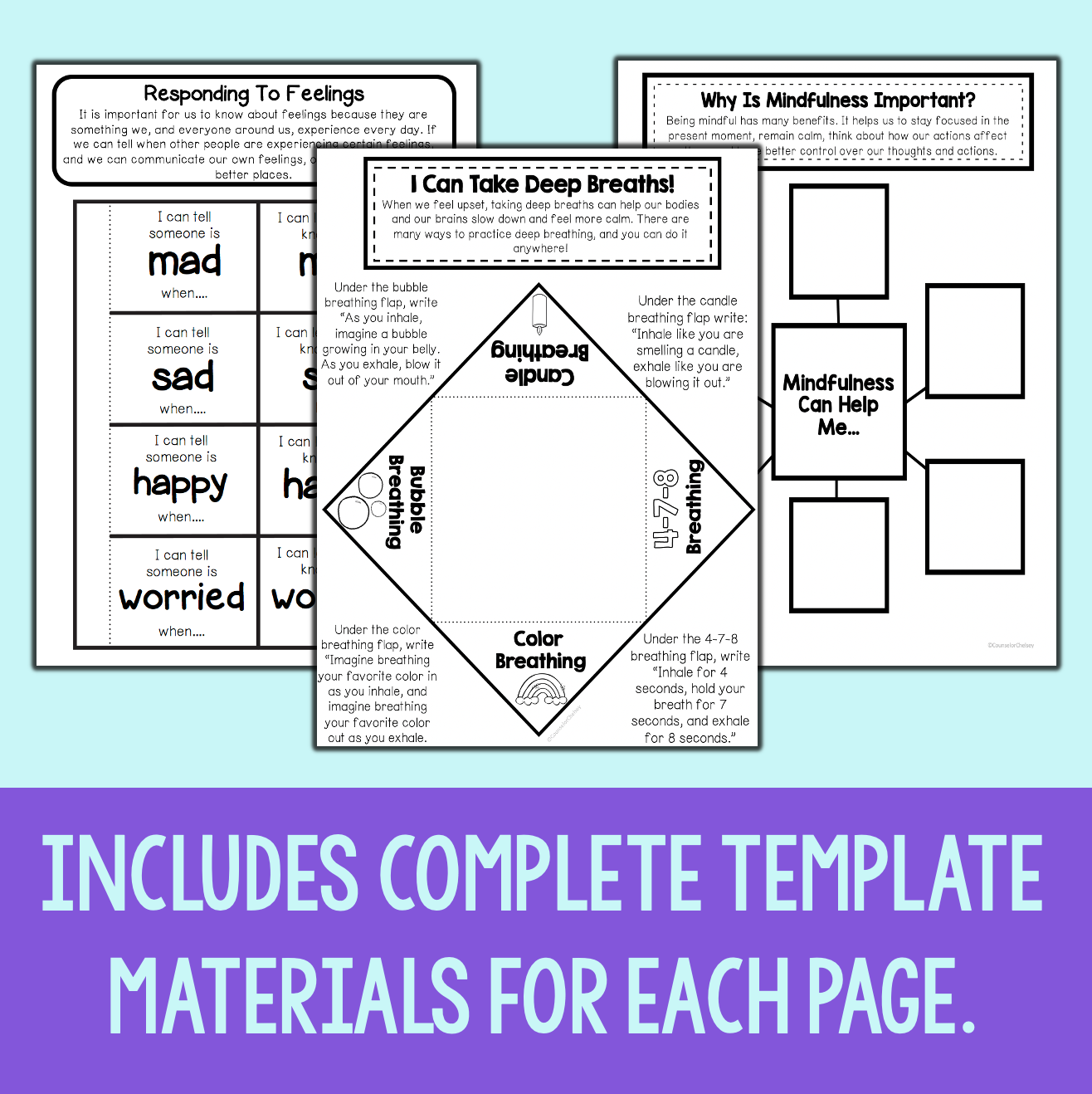 Educational materials on mindfulness and emotional regulation with text and diagrams.