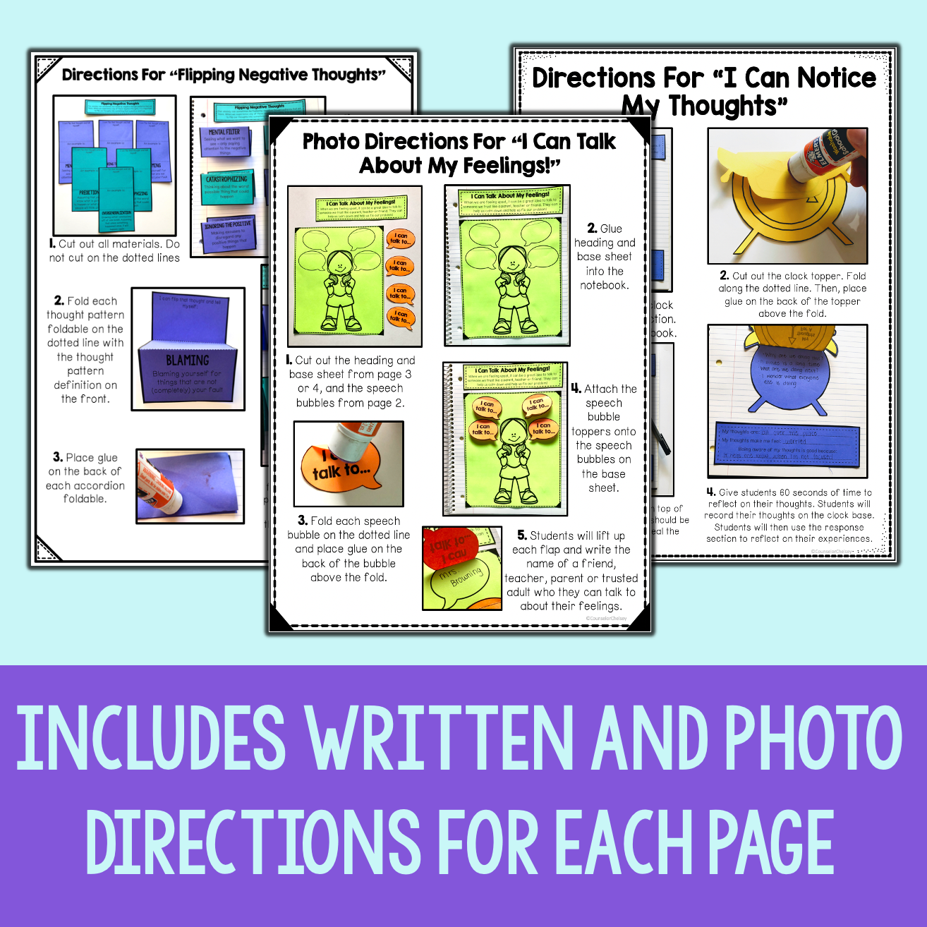 Educational materials with written and photo directions on a light blue background