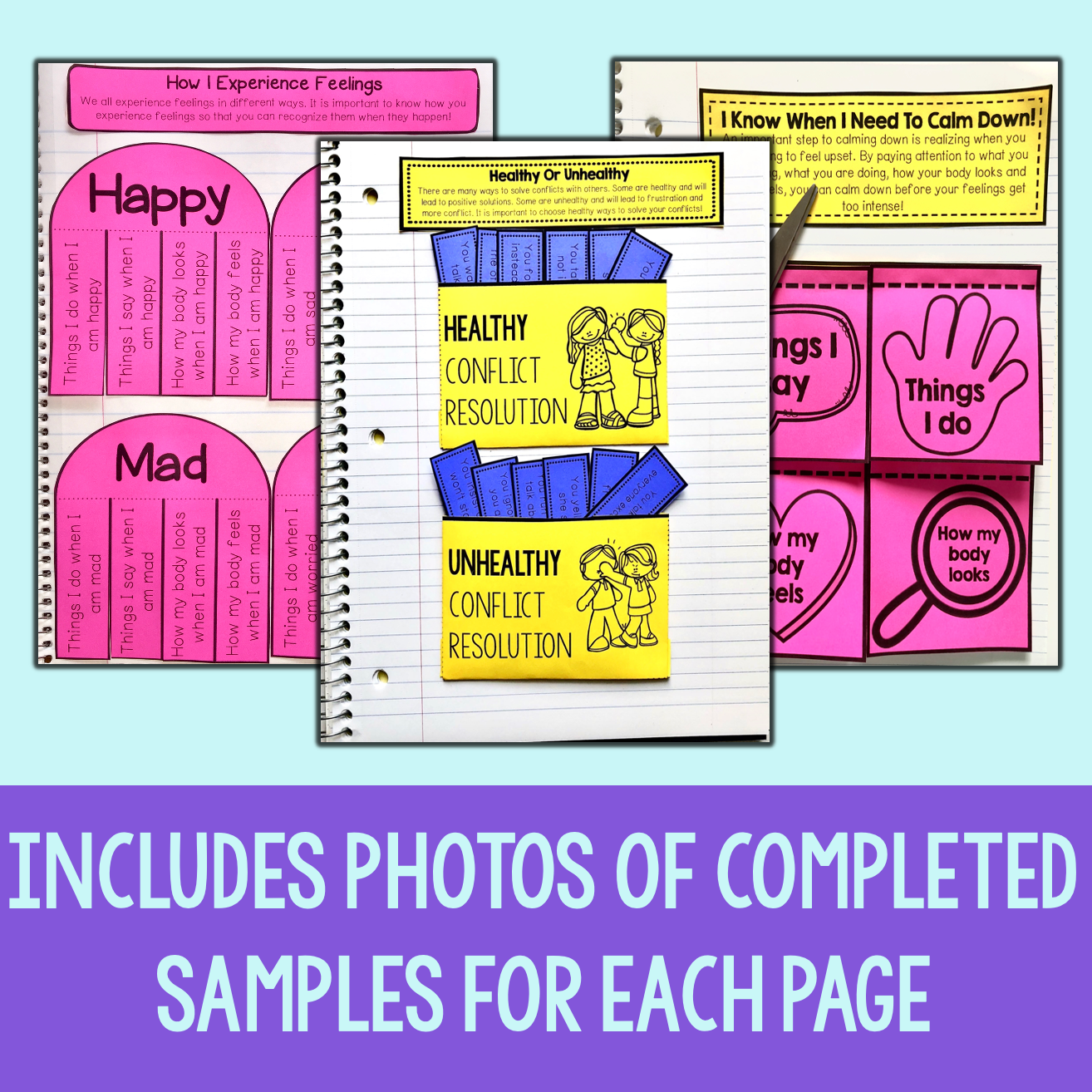 Educational materials on conflict resolution with colorful pages and text.