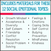 List of social emotional topics on a white background with colored bars.