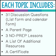 List of educational resources including discussion questions, a parent page, NO-PREP lessons, additional resources, and a certificate on a white background.