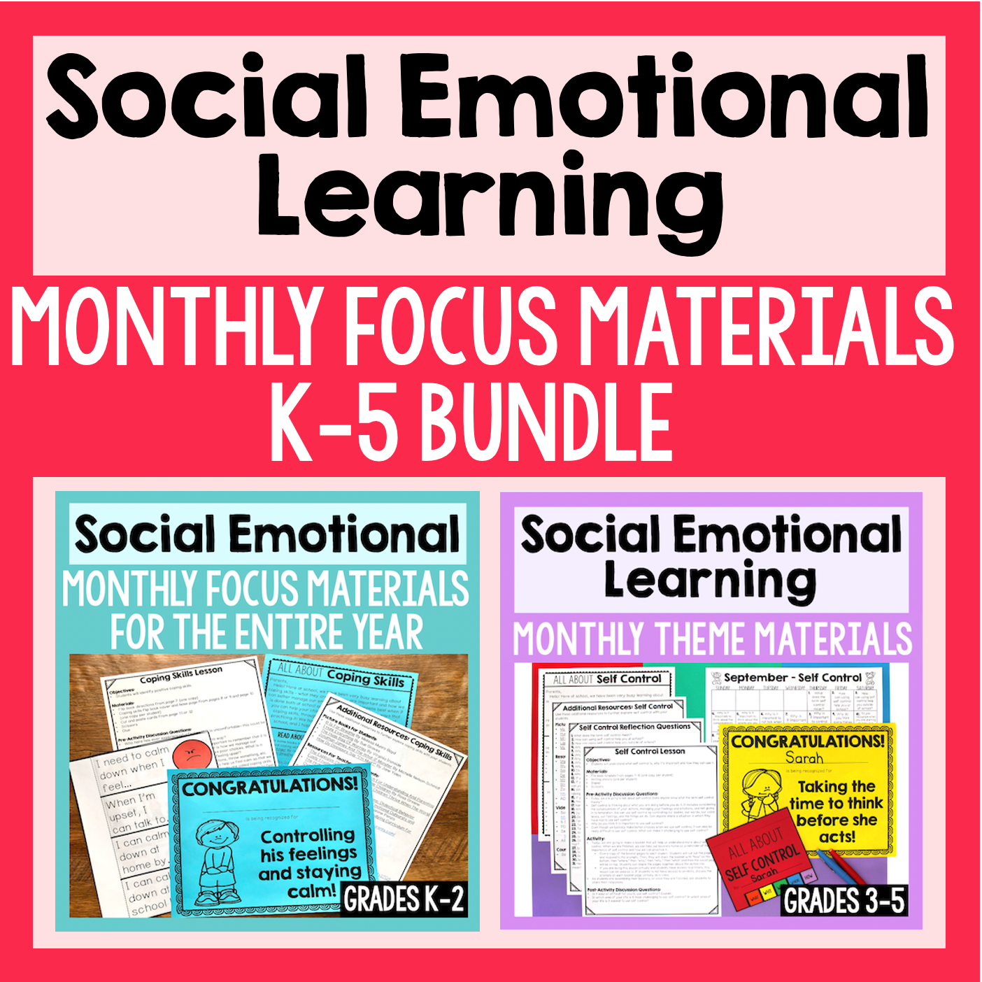 Promotional graphic for Social Emotional Learning monthly focus materials bundle for grades K-5 on a red background.