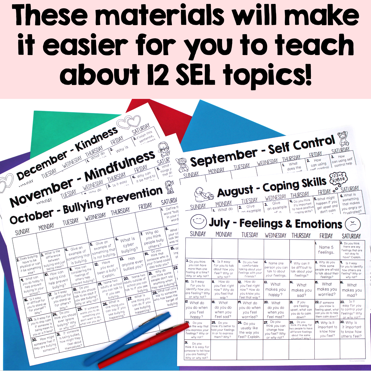 Educational materials for teaching SEL topics with a colorful background