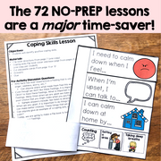 Coping Skills Lesson plan on a wooden surface with text overlay about no-prep lessons being time-savers.
