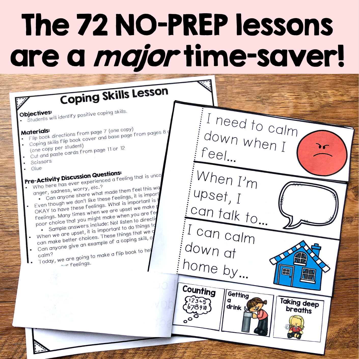 Coping Skills Lesson plan on a wooden surface with text overlay about no-prep lessons being time-savers.