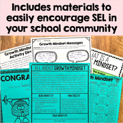 Educational materials for promoting growth mindset in a school community on a wooden surface.