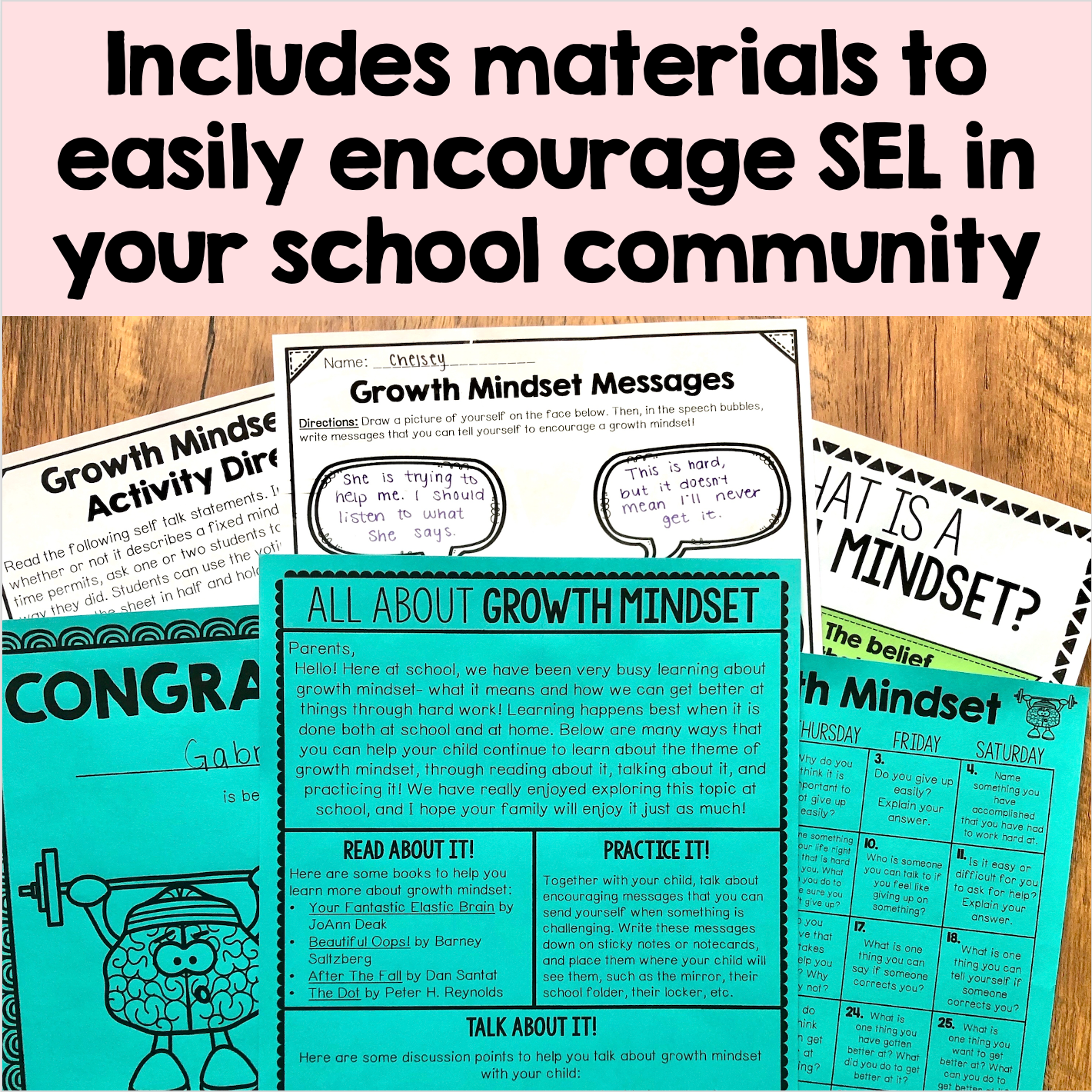 Educational materials for promoting growth mindset in a school community on a wooden surface.