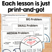 Educational materials on a wooden surface with text about problem-solving lessons.