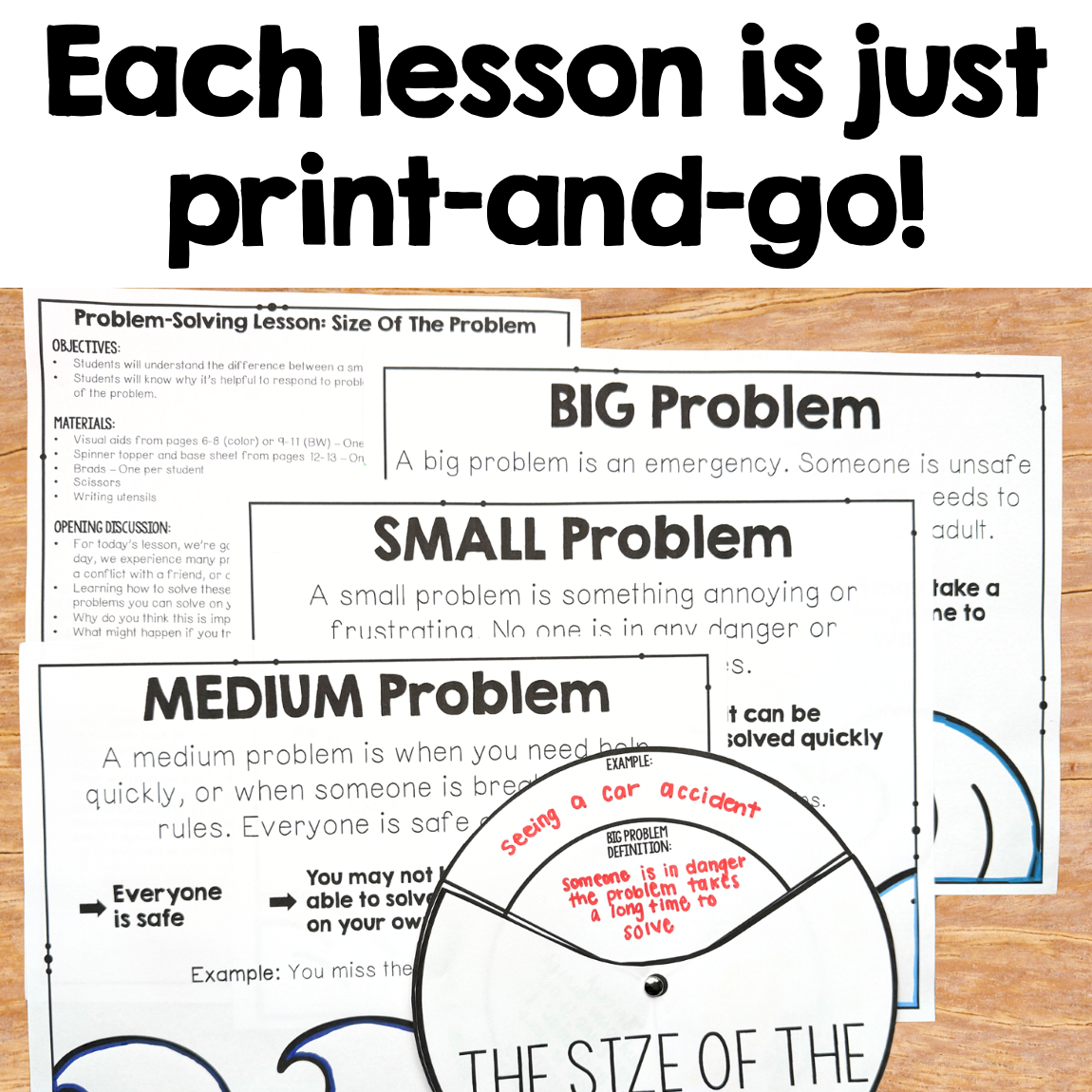 Educational materials on a wooden surface with text about problem-solving lessons.
