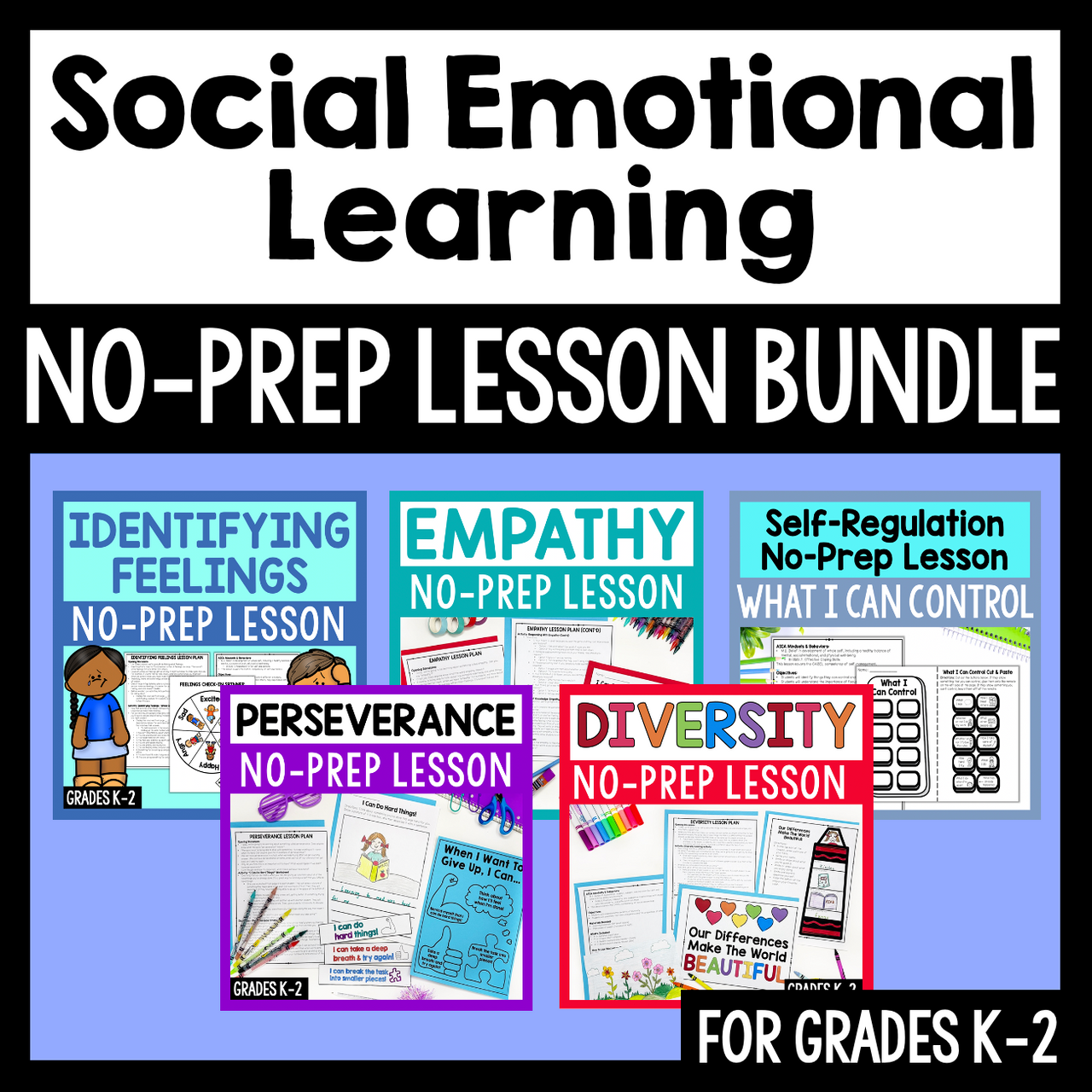 Collection of social emotional learning no-prep lesson bundles for grades K-2 on a blue background.