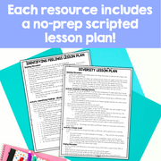 Two lesson plan sheets on a blue and green background with text about no-prep scripted lesson plans.