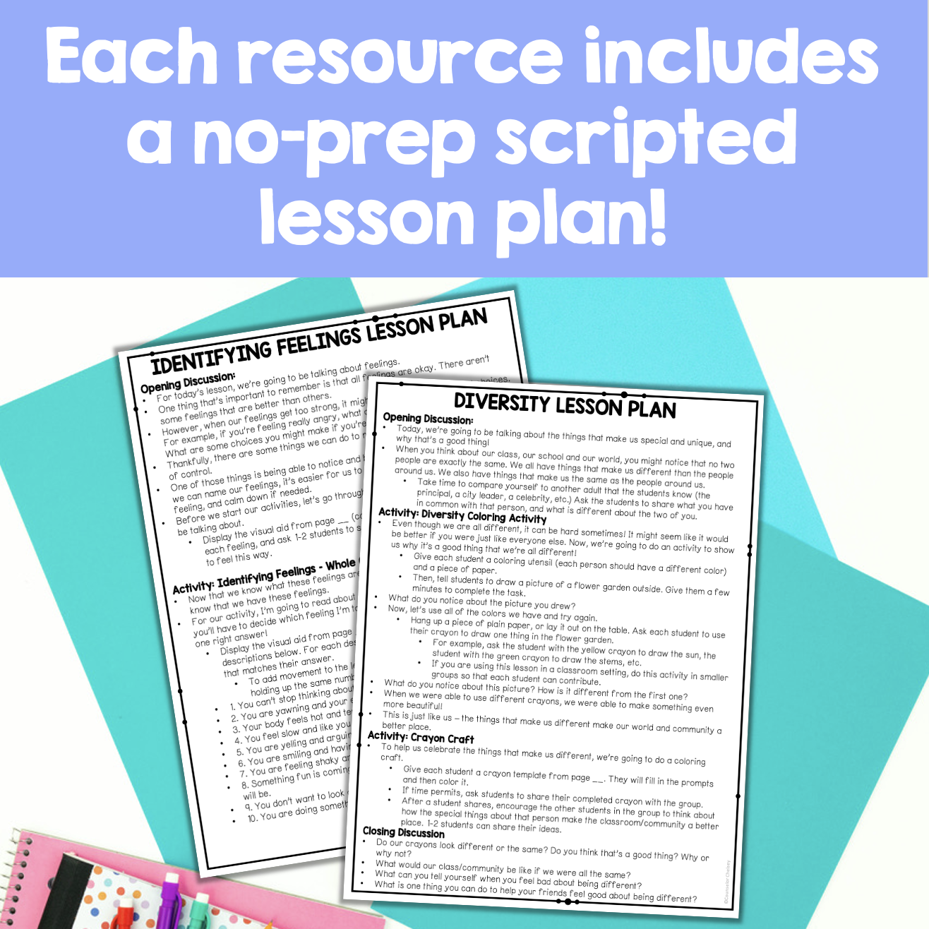 Two lesson plan sheets on a blue and green background with text about no-prep scripted lesson plans.
