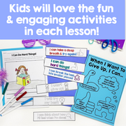 Educational materials with motivational phrases and activities for children on a white background.