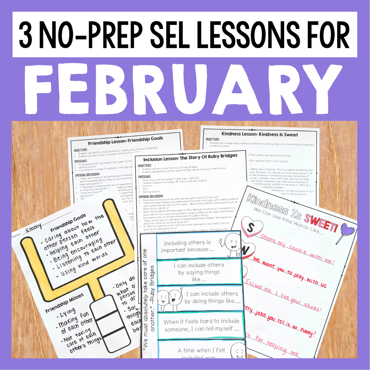Educational materials for SEL lessons with text '3 No-Prep SEL Lessons for February' on a purple background.