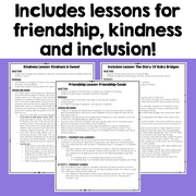 Educational materials on friendship, kindness, and inclusion with text and lesson outlines.