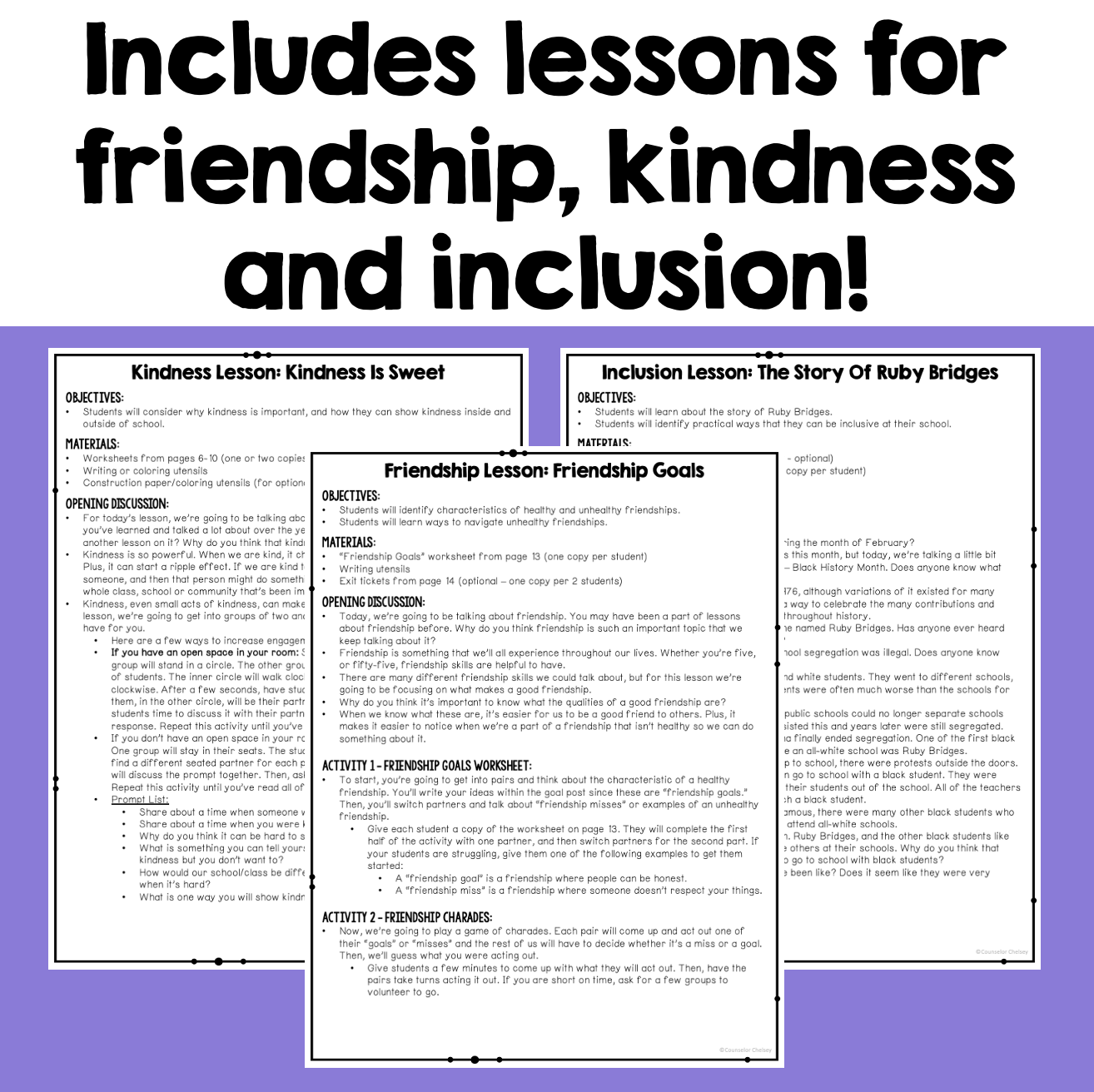 Educational materials on friendship, kindness, and inclusion with text and lesson outlines.