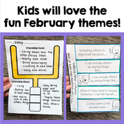 Educational materials for children with February themes on a purple background