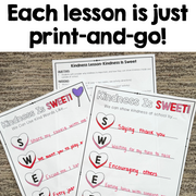 Kindness lesson printables with heart graphics on a textured surface