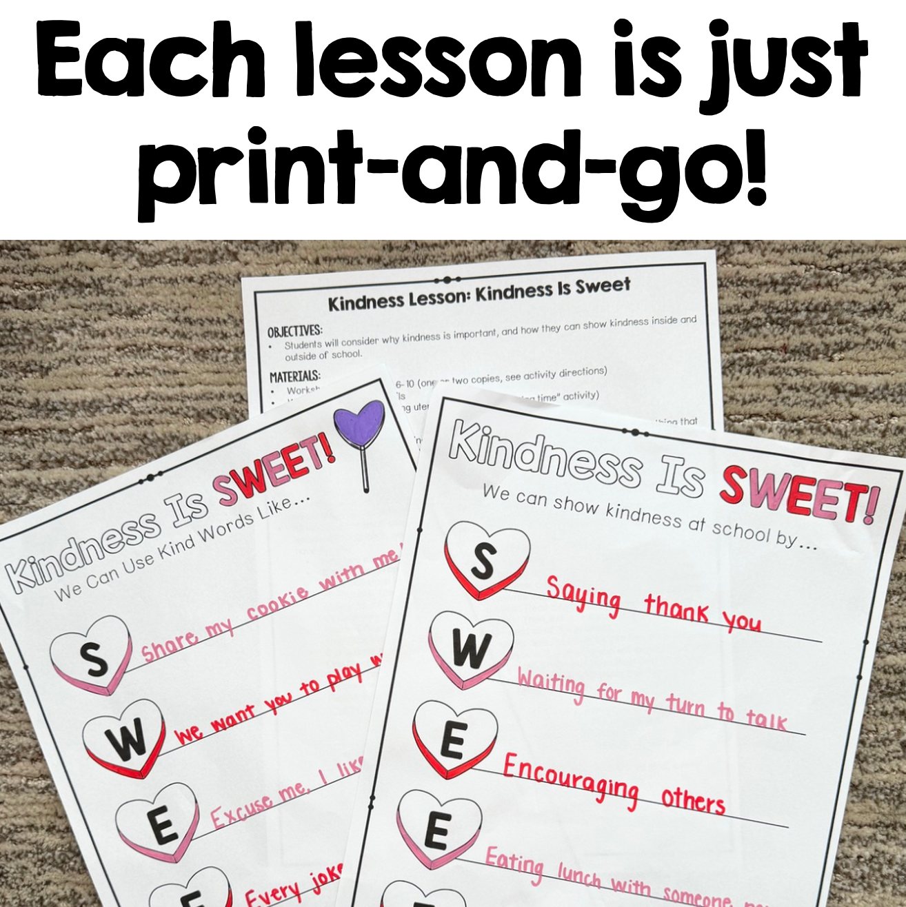 Kindness lesson printables with heart graphics on a textured surface
