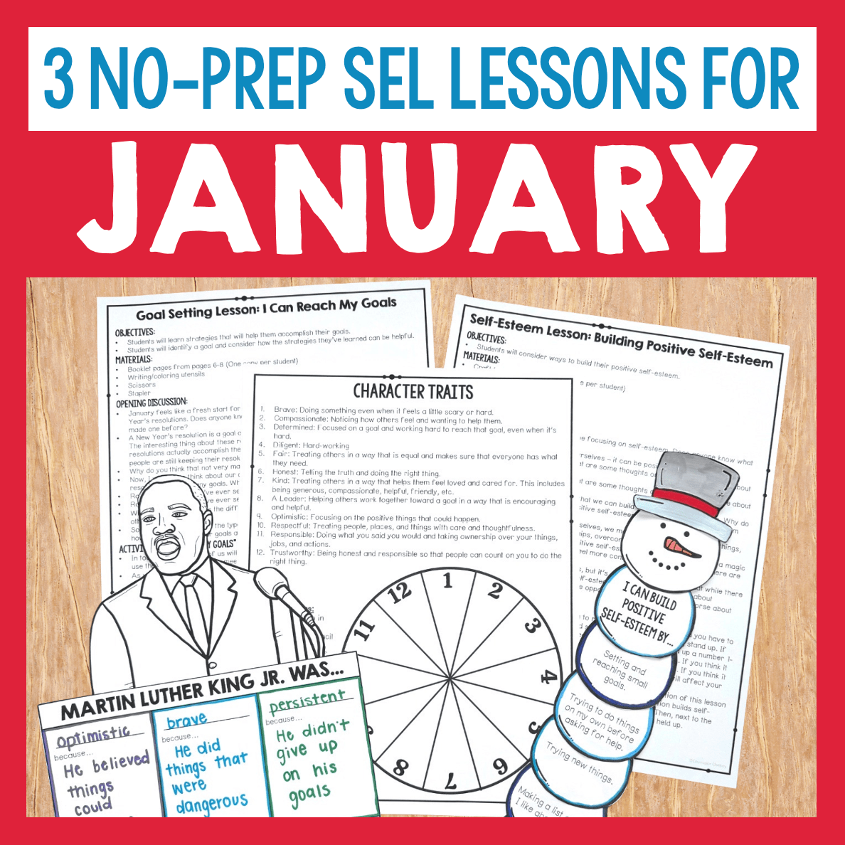 Educational materials for SEL lessons with a red background and text '3 No-Prep SEL Lessons for January'.