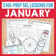 Educational materials for SEL lessons with a red background and text '3 No-Prep SEL Lessons for January'.