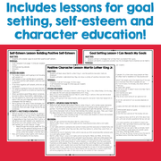 Educational materials with lessons on goal setting, self-esteem, and character education on a red background.