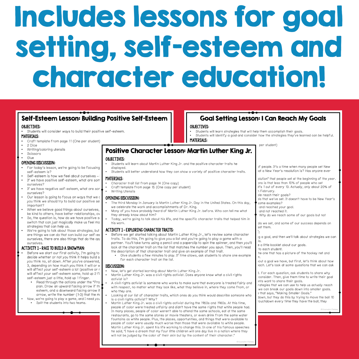 Educational materials with lessons on goal setting, self-esteem, and character education on a red background.