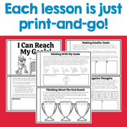 Educational materials with text 'Each lesson is just print-and-go!' on a red background