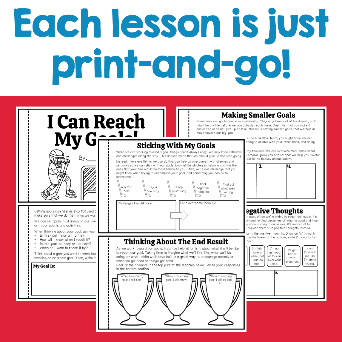 Educational materials with text 'Each lesson is just print-and-go!' on a red background