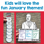Educational materials for Martin Luther King Jr. Day with a snowman and character illustration on a red background.