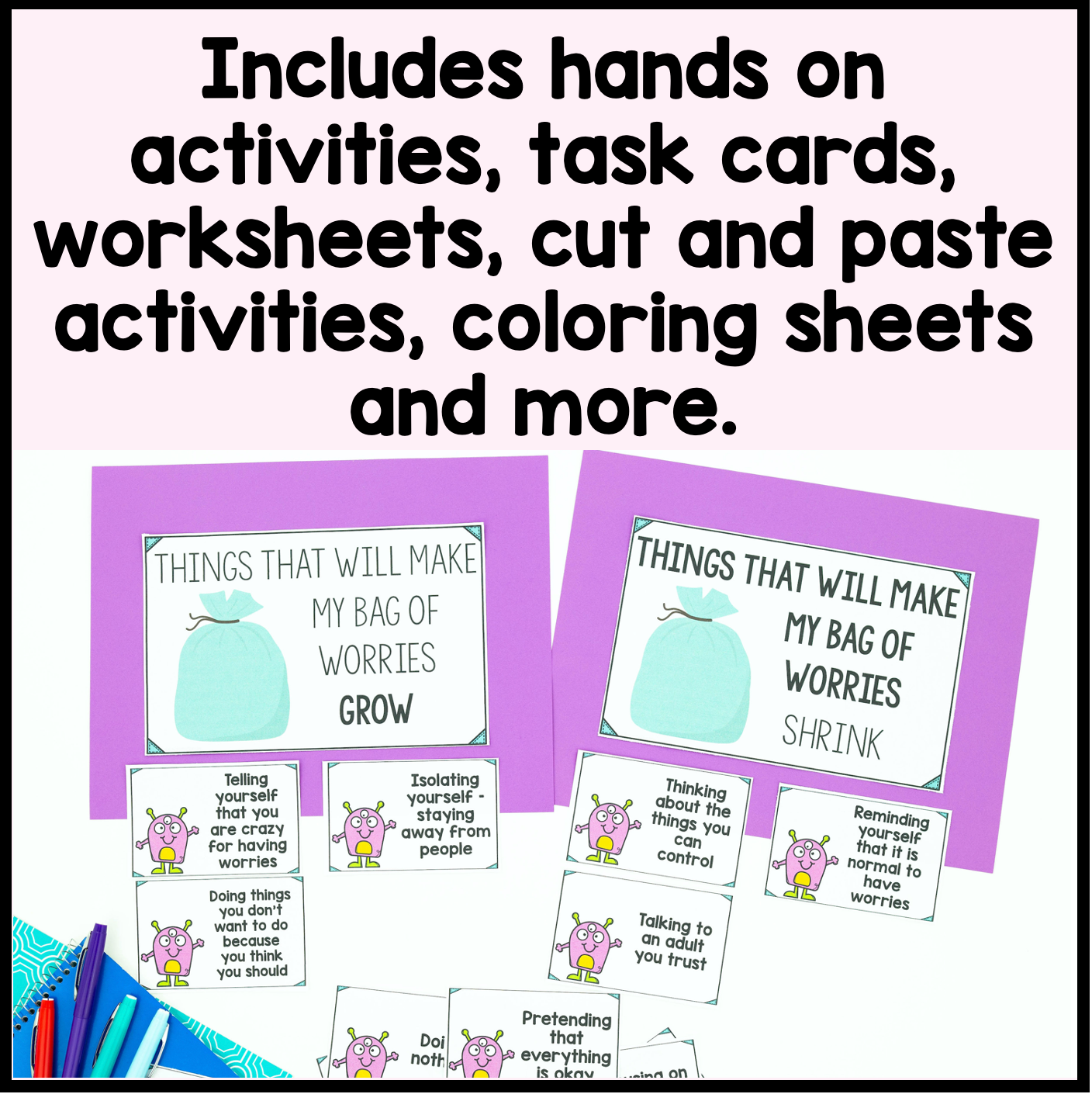 Educational materials with task cards and worksheets on a white background