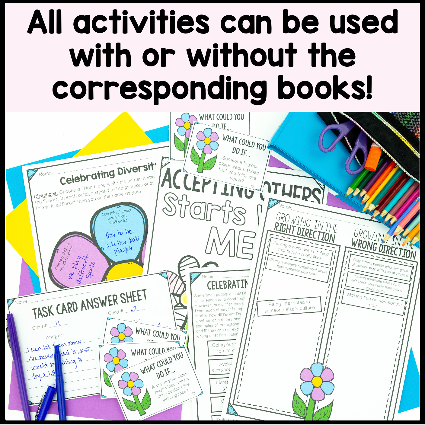 Educational materials with task cards and answer sheets on a colorful background