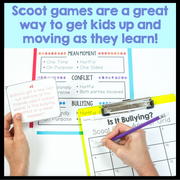 Educational materials with text about Scoot games for kids learning about bullying.